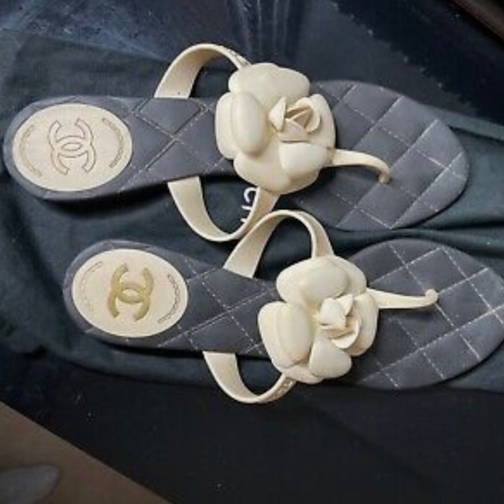 Chanel flower flip flops